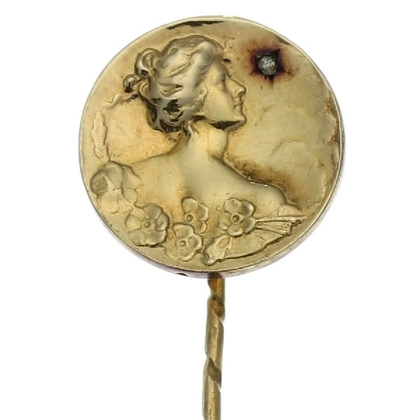 Late Victorian early Art Nouveau stickpin with ladies head